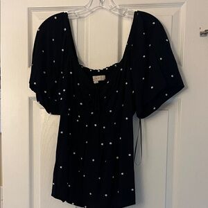 LOFT Black Polka Dot Square Neck Peasant Top